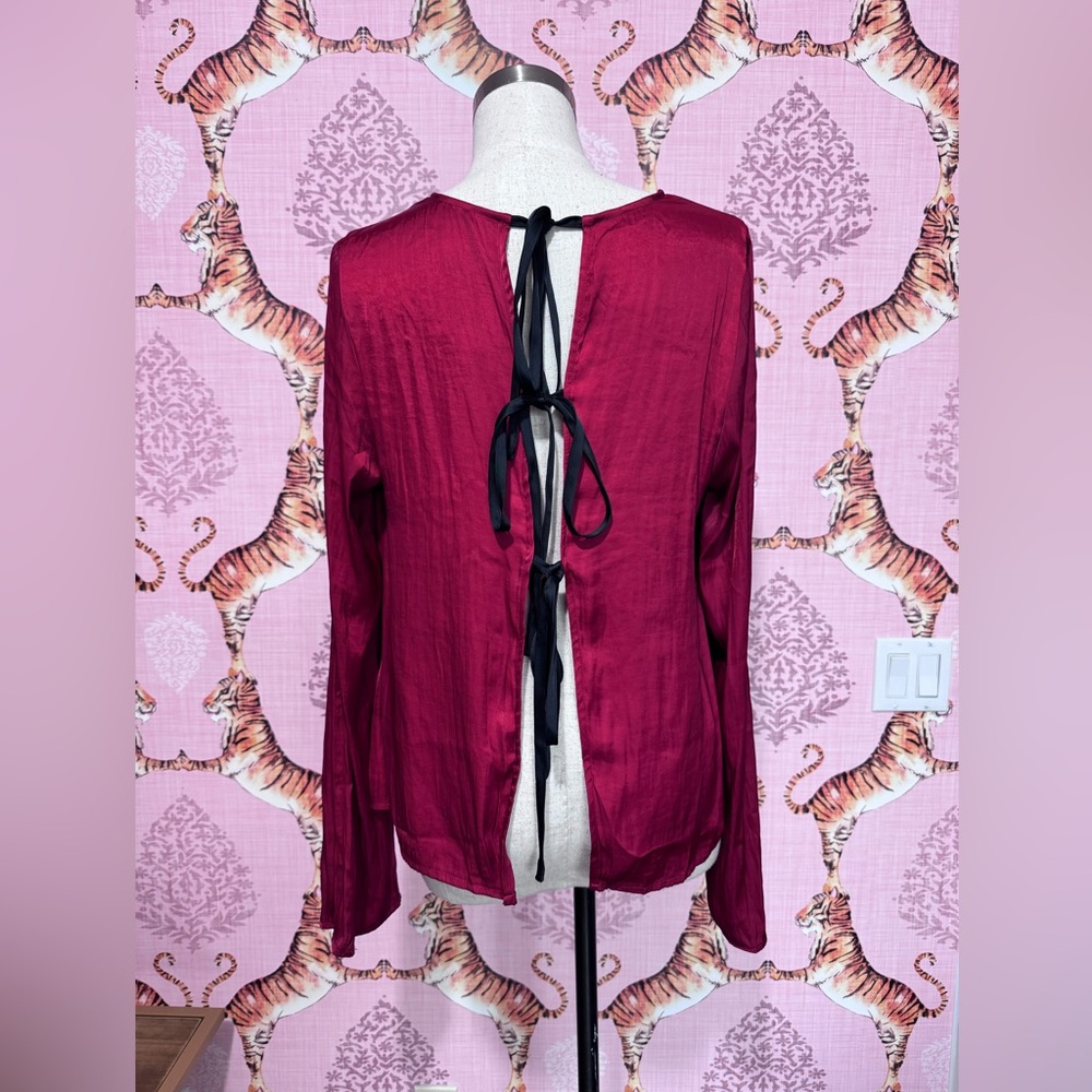 Free People Arabella Blouse Red Black Tie Back Bow NWT - Picture 4 of 5